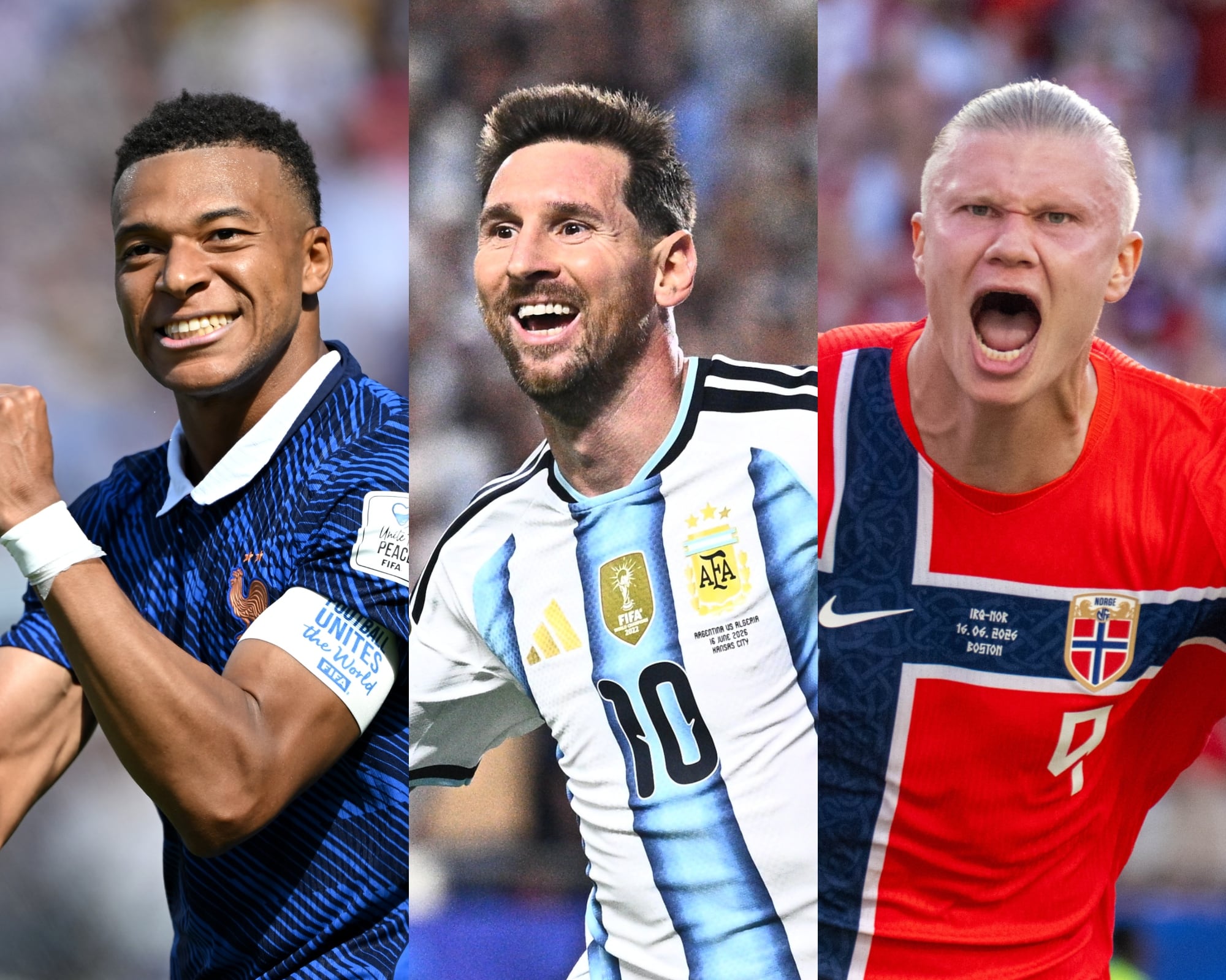 Kylian Mbappé, Lionel Messi y Erling Haaland. Fotos: Getty Images.