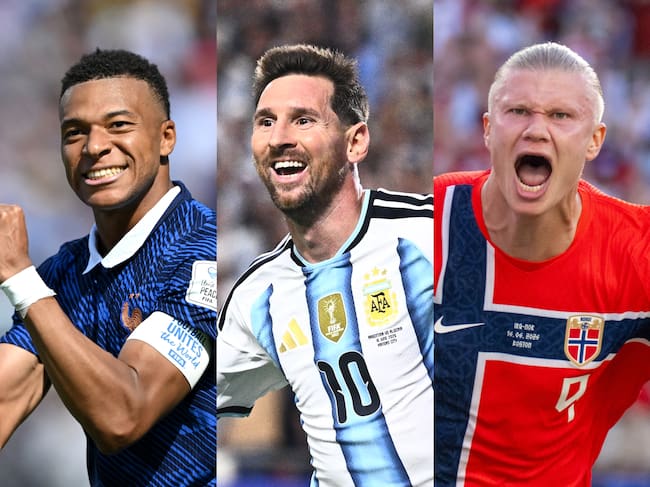Kylian Mbappé, Lionel Messi y Erling Haaland. Fotos: Getty Images.