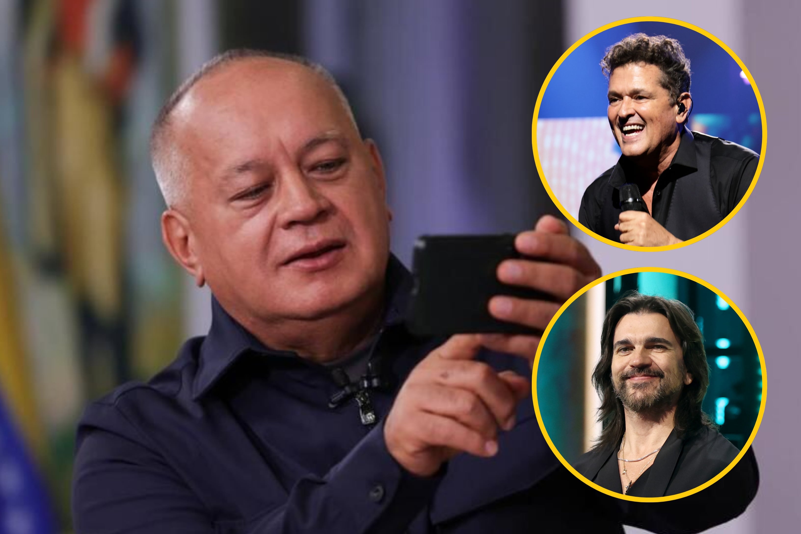 Diosdado Cabello (EFE / Ministerio del Interior Justicia y Paz) // Carlos Vives y Juanes (Getty Images / Rodrigo Varela)
