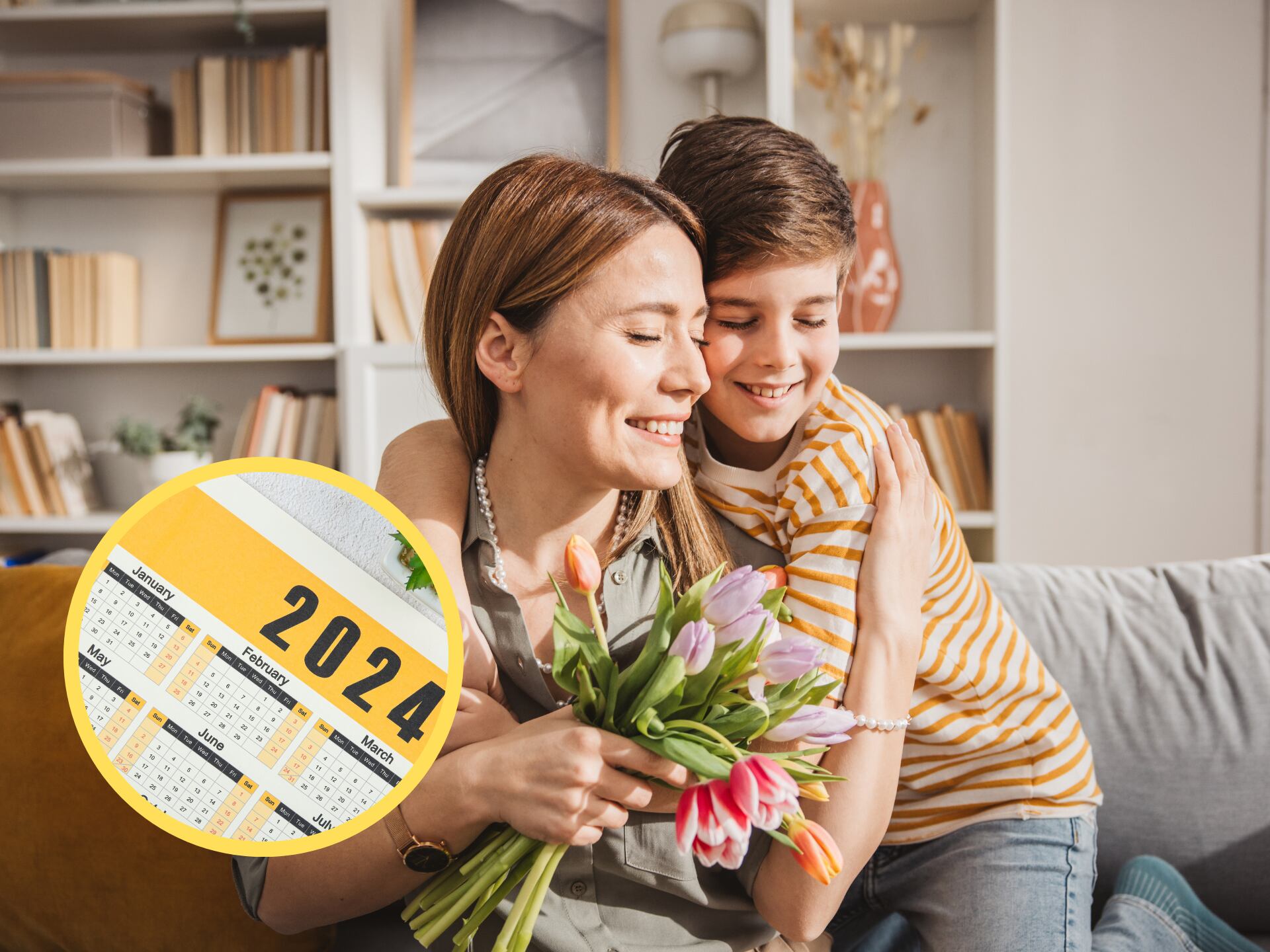 Celebración del Día de las Madres. En el círculo, imagen del calendario 2024 (Fotos vía GettyImages)