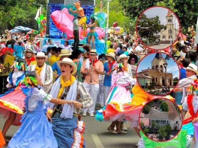 Fiesta en la calle de Tolima de San Pedro y San Juan. Al lado, lugares representativos de Ataco, Venadillo y  Coello. Foto Colprensa y Canva