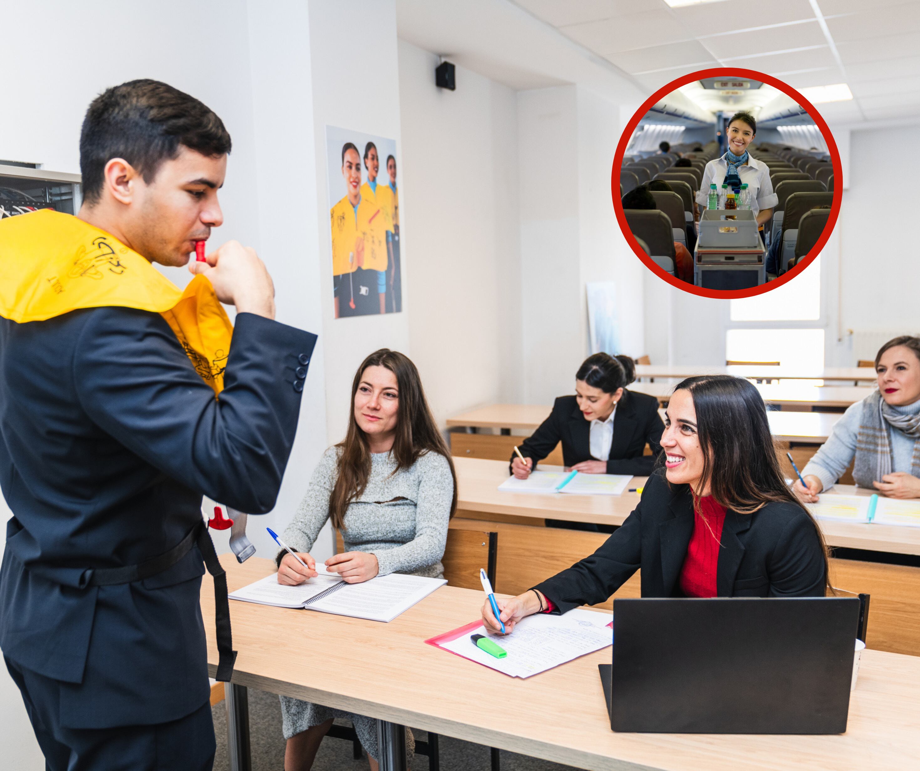 Curso tripulante de cabina de pasajeros y azafata en un avión (Fotos vía Getty Images)