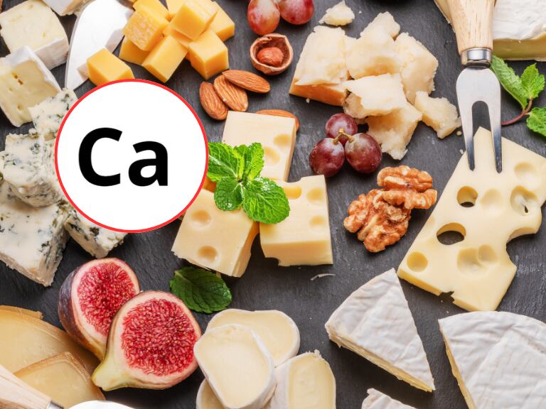 Grupo de alimentos y al lado una imagen con el elemento Ca - referente a Calcio (Fotos vía Getty Images)