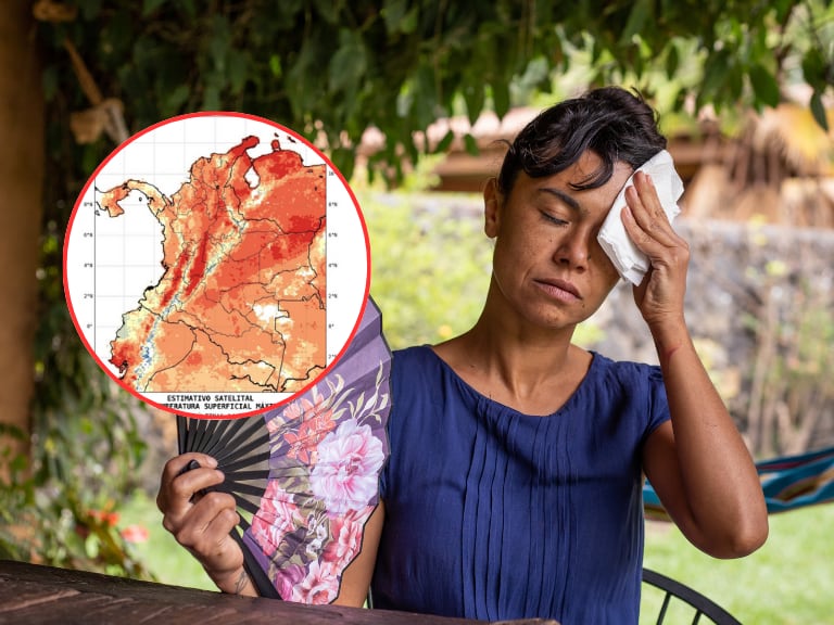 Mujer latina con calor secándose el sudor de su frente, mientras mueve su abanico para darse viento (Getty Images) / Mapa del informe técnico diario del Instituto de Hidrología, Meteorología y Estudios Ambientales (Ideam)