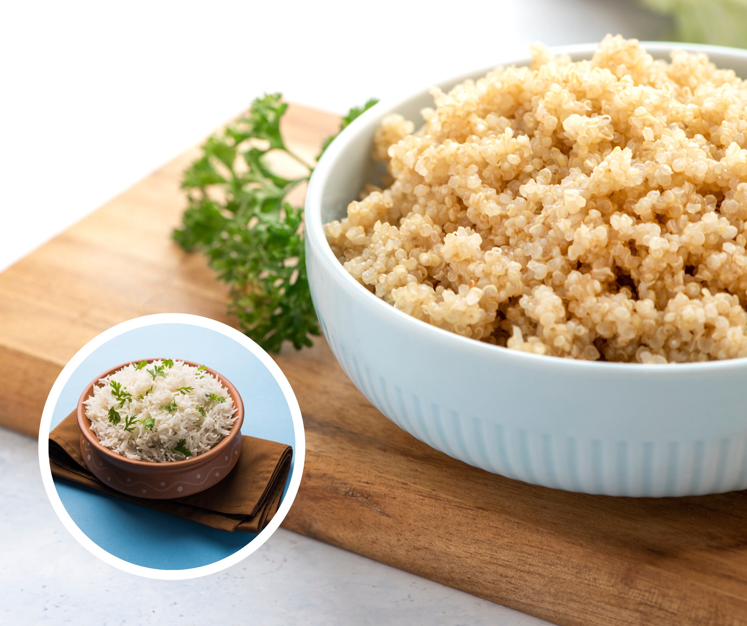 Imágenes de un plato de quinoa sobre una tabla y una taza de arroz (Fotos vía Getty Images)