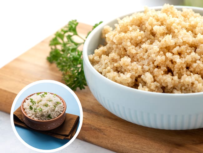 Imágenes de un plato de quinoa sobre una tabla y una taza de arroz (Fotos vía Getty Images)