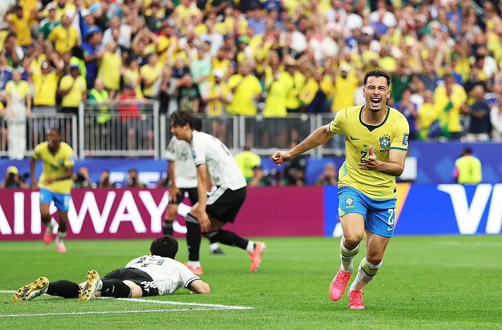 HOUSTON, TEXAS - JUNE 29: Gabriel Martinelli #22 of Brazil celebrates scoring his team's second goal during the FIFA World Cup 2026 Round Of 32 match between Brazil and Japan at Houston Stadium on June 29, 2026 in Houston, Texas. (Photo by Michael Regan - FIFA/FIFA via Getty Images)