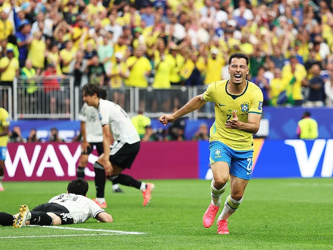 HOUSTON, TEXAS - JUNE 29: Gabriel Martinelli #22 of Brazil celebrates scoring his team's second goal during the FIFA World Cup 2026 Round Of 32 match between Brazil and Japan at Houston Stadium on June 29, 2026 in Houston, Texas. (Photo by Michael Regan - FIFA/FIFA via Getty Images)