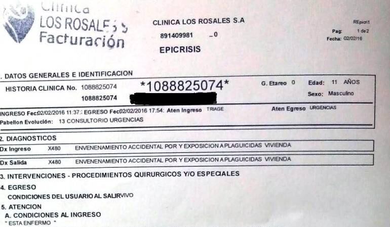 Esta es la certificación médica que da cuenta de la intoxicación a causa de la fumigación contra el zancudo.