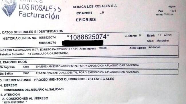 Esta es la certificación médica que da cuenta de la intoxicación a causa de la fumigación contra el zancudo.