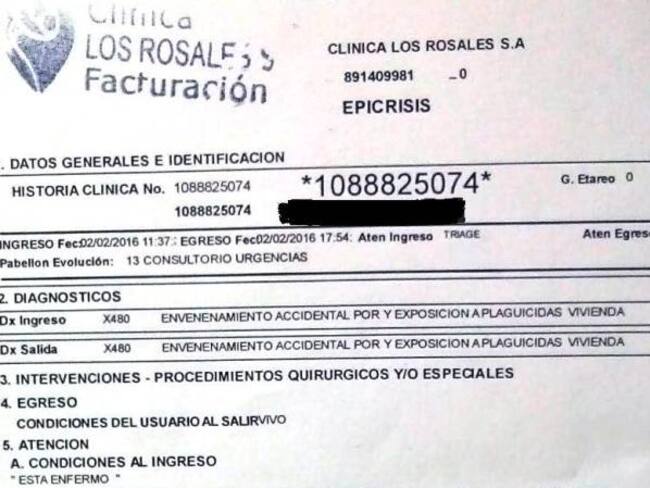Esta es la certificación médica que da cuenta de la intoxicación a causa de la fumigación contra el zancudo.