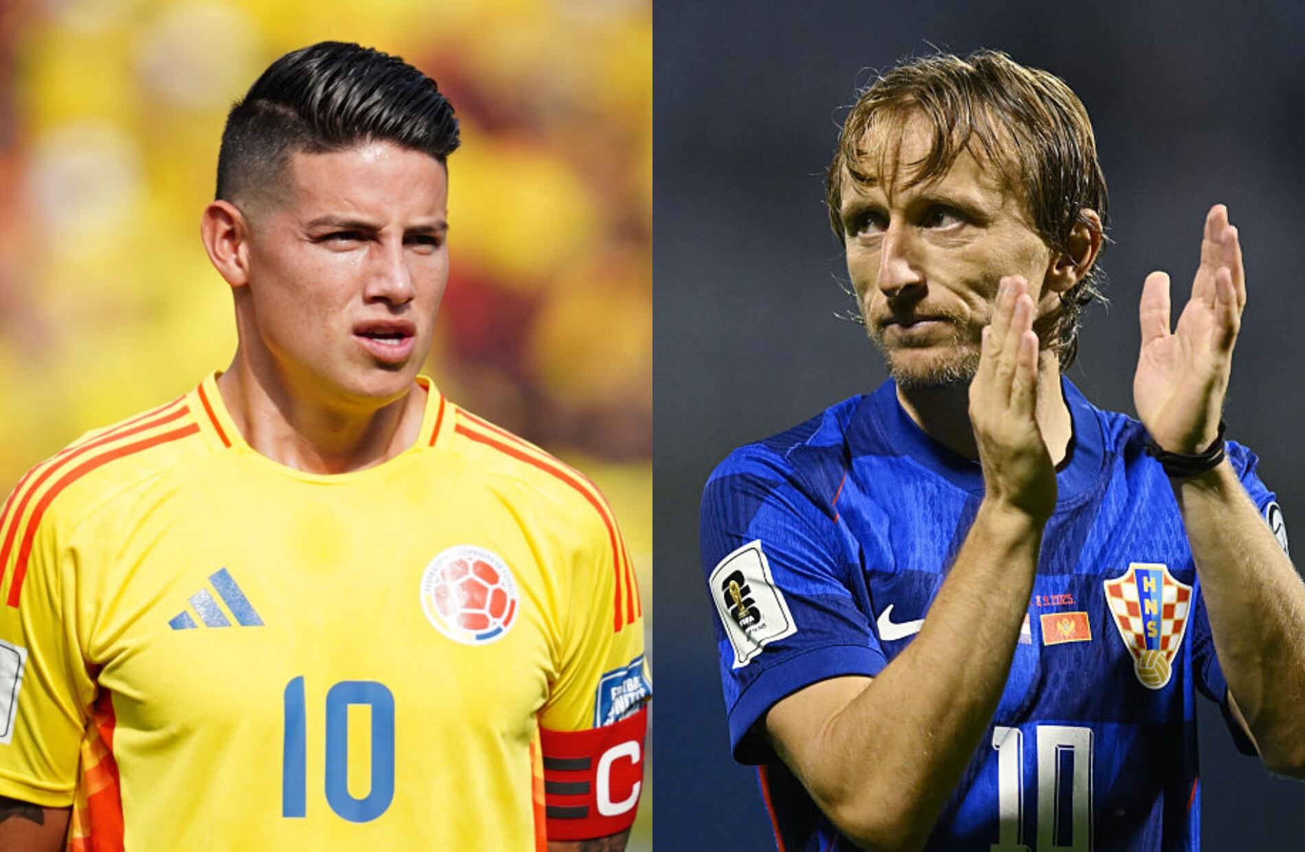 James Rodríguez y Luka Modric. Fotos: (Photo by Andres Rot/Getty Images)  / (Photo by Jurij Kodrun/Getty Images)