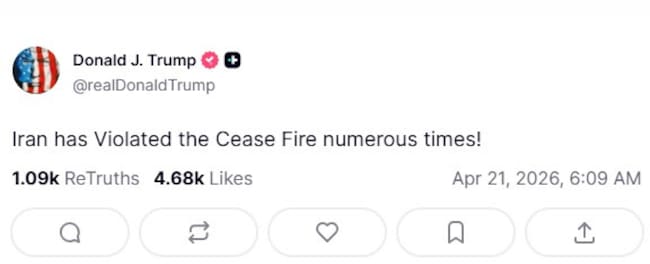 Presidente de EE. UU. Trump acusa a Irán de violar el alto el fuego "numerosas veces"