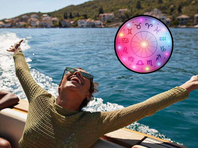 Mujer disfrutando de sus vacaciones y de fondo una ilustración alusiva a los signos del zodíaco y el horóscopo(Fotos vía Getty Images)