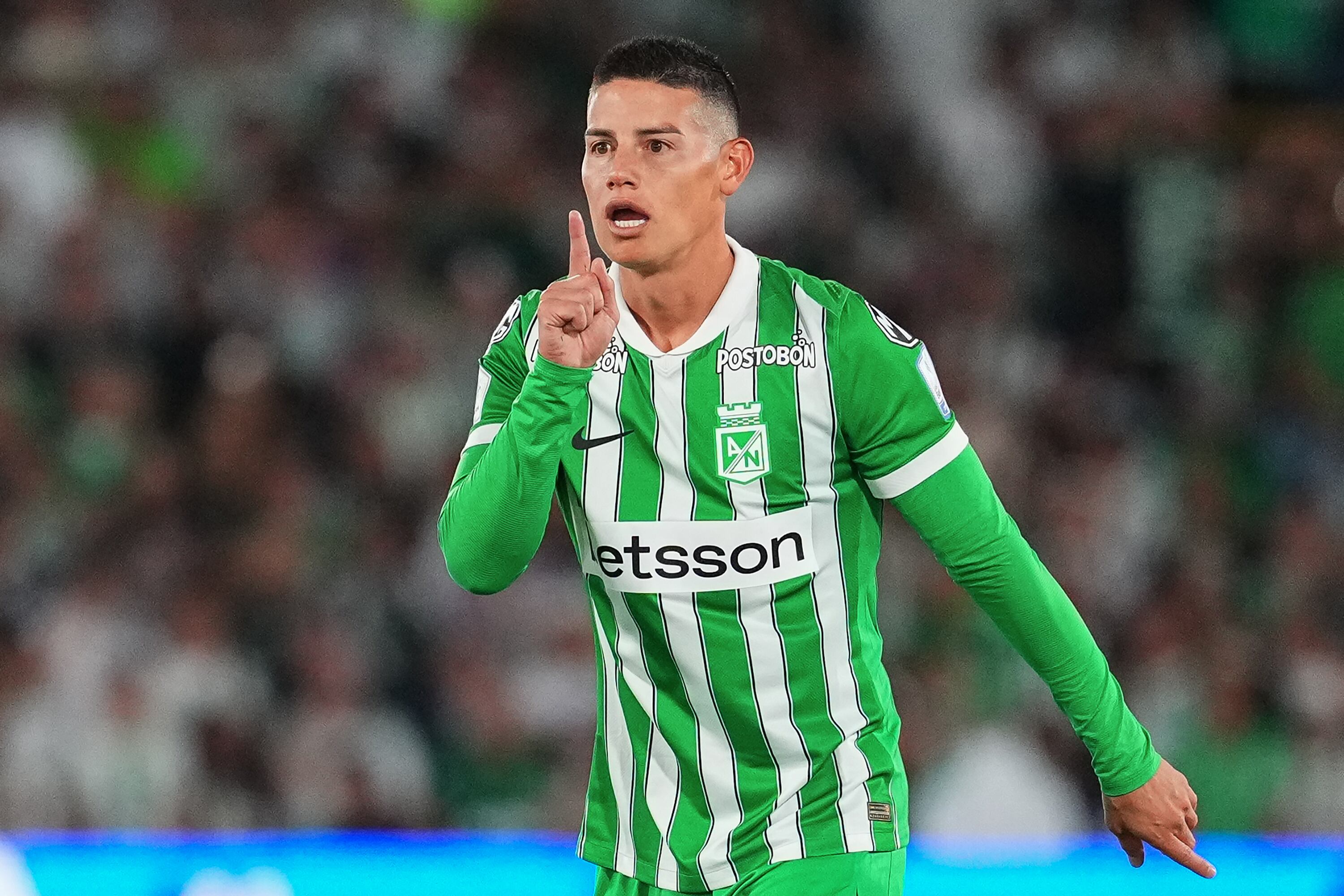 BOGOTA, COLOMBIA - SEPTEMBER 16: James Rodriguez of Atletico Nacional gestures during the Liga BetPlay II 2026 match between Internacional de Bogota and Atletico Nacional at Estadio El Campin on September 16, 2026 in Bogota, Colombia. (Photo by Andres Rot/Getty Images)