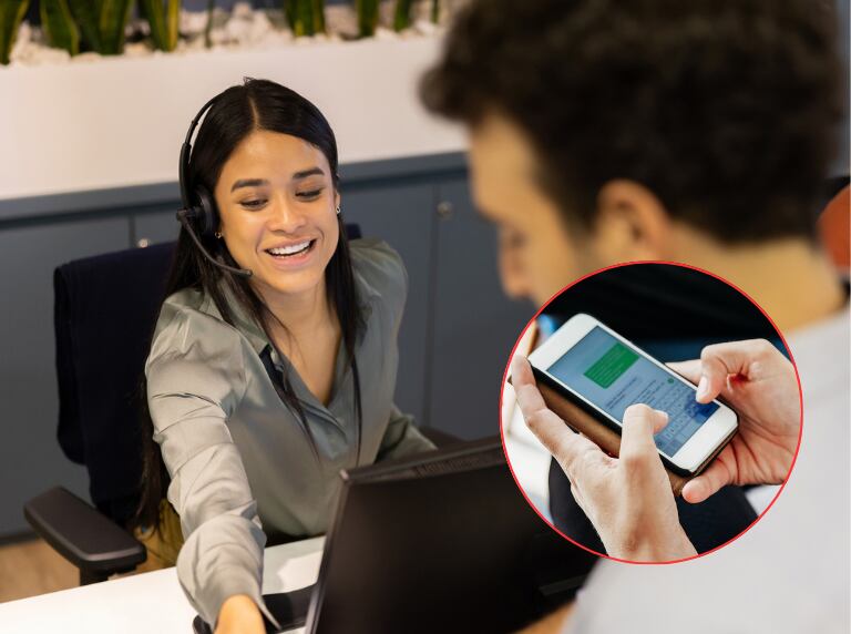 Mujer joven secretaria de una oficina atendiendo a un hombre / Día de la Secretaría (Getty Images)