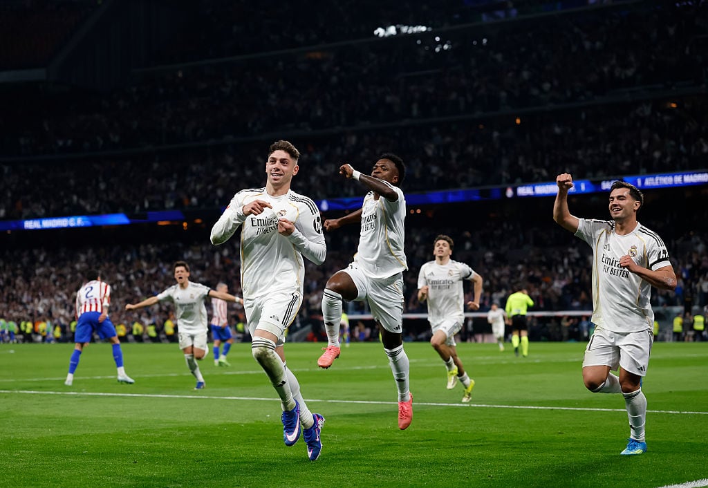 MADRID, SPAIN - MARCH 22: Fede Valverde of Real Madrid celebrating goal with teammates during the LaLiga EA Sports match between Real Madrid CF and Atlético de Madrid at Estadio Santiago Bernabeu on March 22, 2026 in Madrid, Spain. (Photo by Victor Carretero/Real Madrid via Getty Images)