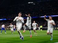 MADRID, SPAIN - MARCH 22: Fede Valverde of Real Madrid celebrating goal with teammates during the LaLiga EA Sports match between Real Madrid CF and Atlético de Madrid at Estadio Santiago Bernabeu on March 22, 2026 in Madrid, Spain. (Photo by Victor Carretero/Real Madrid via Getty Images)