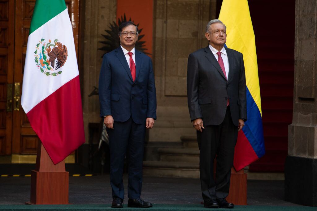 MEXICO CITY, MEXICO - NOVEMBER 25: Mexican President Andres Manuel Lopez Obrador (R) and Colombian President Gustavo Petro, attend the welcome ceremony, at the National Palace, in Mexico City, Mexico on November 25, 2022. (Photo by Daniel Cardenas/Anadolu Agency via Getty Images)