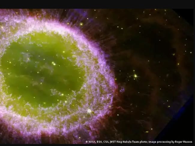 La imagen de la Nebulosa del Anillo tomada recientemente por el telescopio espacial James Webb. La estructura muestra la materia expulsada por la estrella en agonía (púrpura) y una nube de gas en su centro (amarillo).Imagen: NASA, ESA, CSA, JWST Ring Nebula Team photo; procesamiento de imágenes por Roger Wesson
