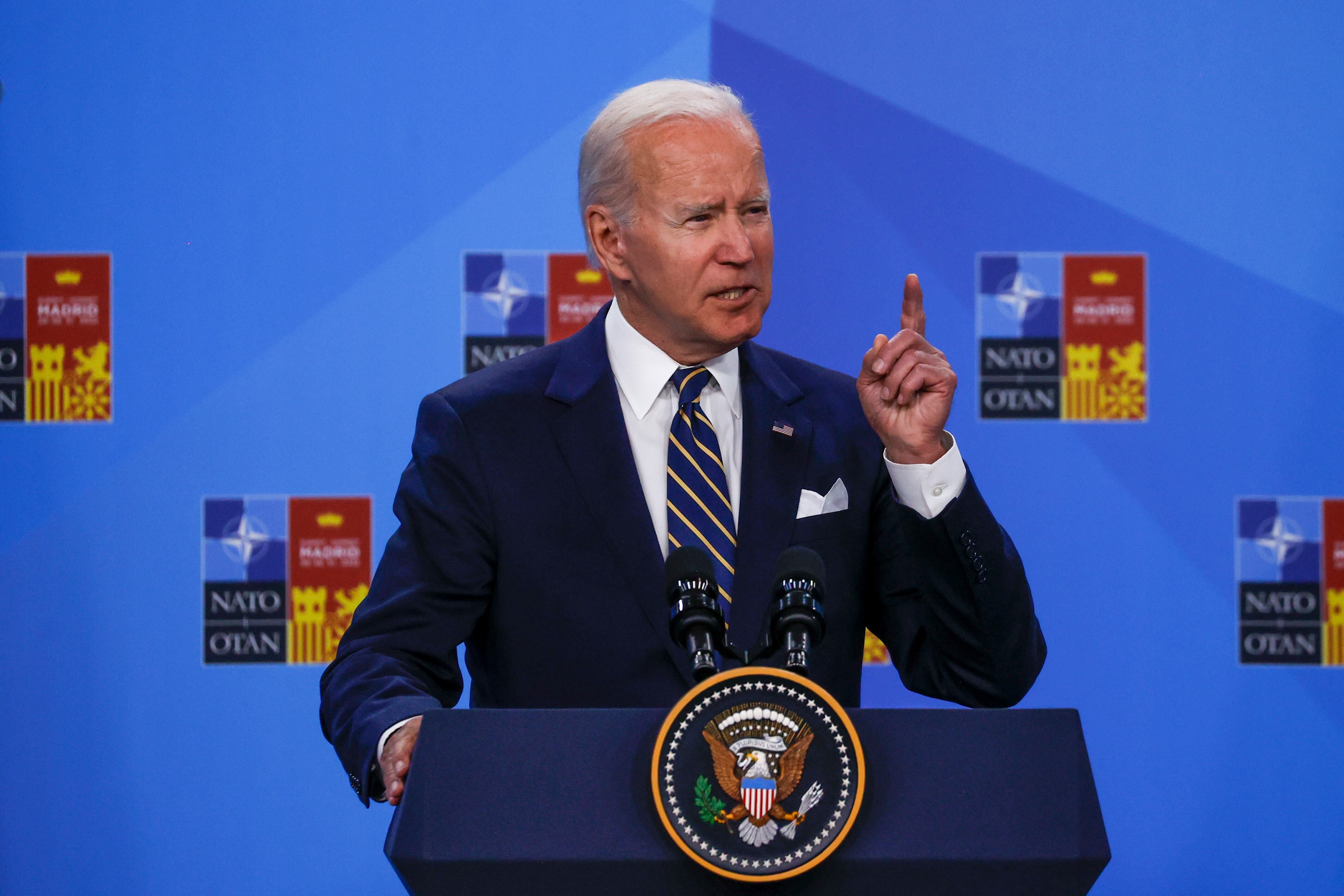 El presidente de los Estados Unidos, Joe Biden, durante la rueda de prensa ofrecida en la segunda jornada de la cumbre de la OTAN que se celebra este jueves en el recinto de Ifema, en Madrid. Foto: EFE/Juan Carlos Hidalgo