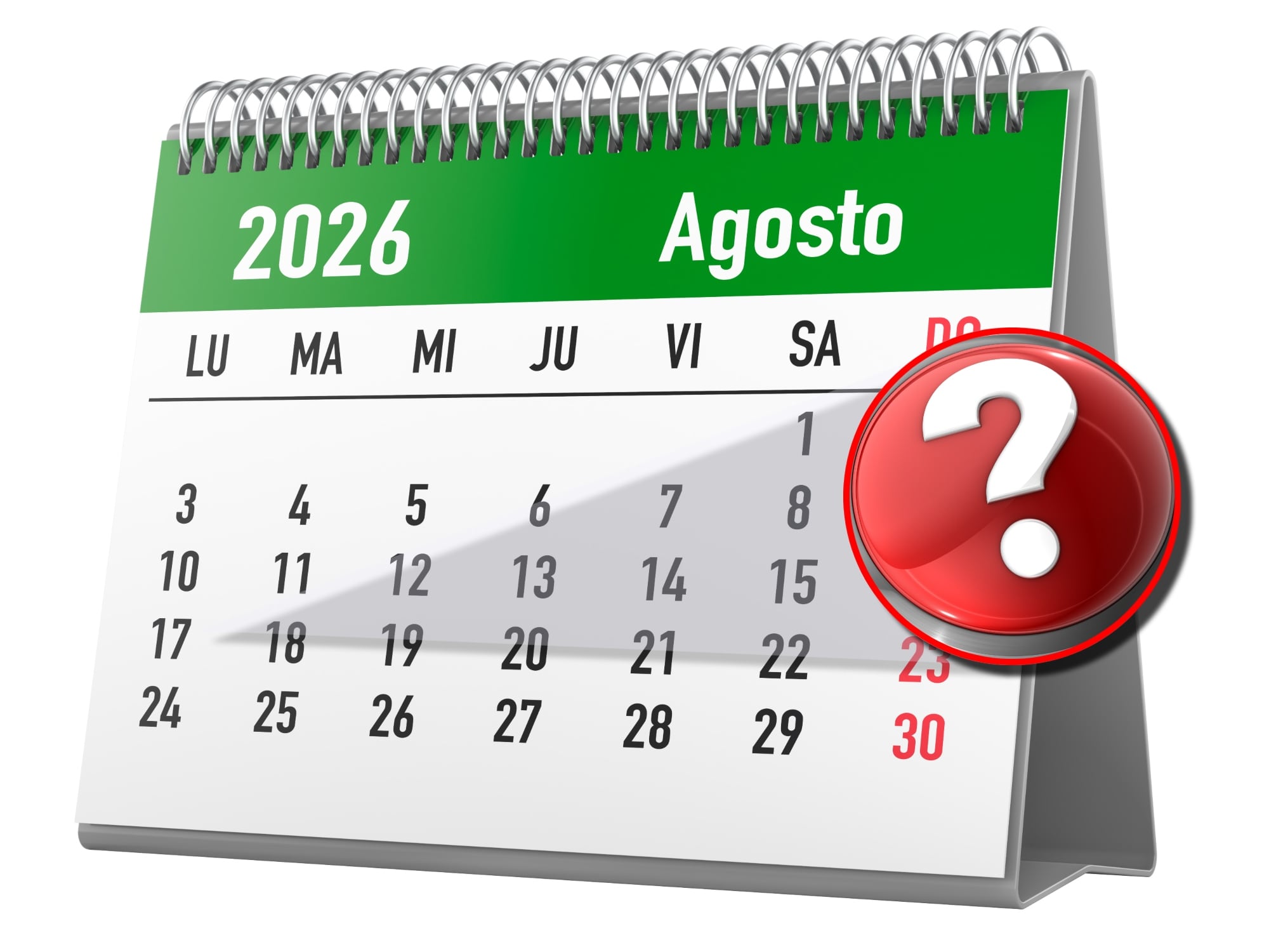 ¿Por qué el 17 de agosto del 2026 es festivo? En la foto, una imagen de un calendario de agosto y, en el círculo, un signo de interrogación. Fotos: Getty Images.