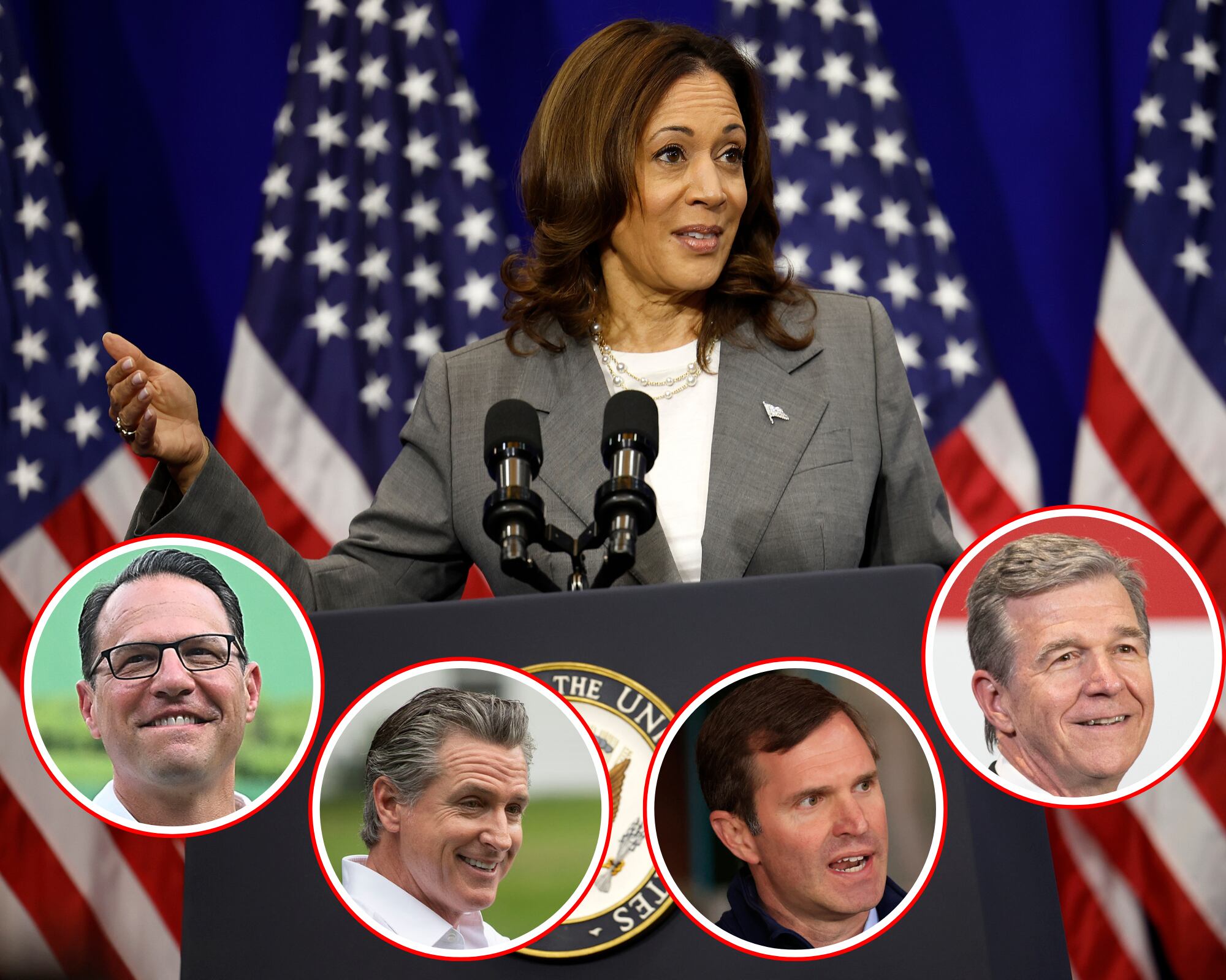 Entre los posibles candidatos a ser fórmula vicepresidencial de Kamala Harris están, de izquierda a derecha, el gobernador de Pensilvania, Josh Shapiro, el gobernador de California, Gavin Newsom, los gobernadores Andy Beshear de Kentucky y  Roy Cooper de Carolina del Norte.
(Foto: Caracol Radio / Getty)
