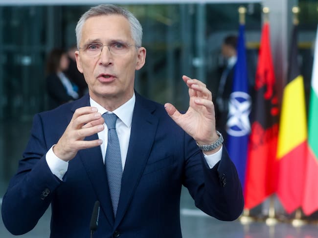 Brussels (Belgium), 03/04/2024.- NATO Secretary General Jens Stoltenberg speaks to the media during a North Atlantic Treaty Organization (NATO) Foreign Affairs Ministers meeting in Brussels, Belgium, 03 April 2024. Allied Foreign Affairs Ministers attend a meeting of NATO Ministers of Foreign Affairs at NATO Headquarters in Brussels on 03-04 April as NATO celebrates its 75th anniversary. On 04 April 1949, the 12 founding countries signed the North Atlantic Treaty, called the Washington Treaty. It committed each member to share the risk, responsibilities, and benefits of collective defense. (Bélgica, Bruselas) EFE/EPA/OLIVIER HOSLET
