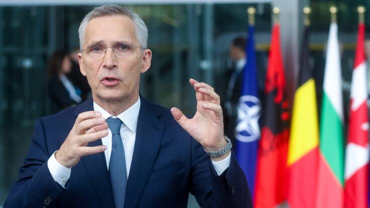 Brussels (Belgium), 03/04/2024.- NATO Secretary General Jens Stoltenberg speaks to the media during a North Atlantic Treaty Organization (NATO) Foreign Affairs Ministers meeting in Brussels, Belgium, 03 April 2024. Allied Foreign Affairs Ministers attend a meeting of NATO Ministers of Foreign Affairs at NATO Headquarters in Brussels on 03-04 April as NATO celebrates its 75th anniversary. On 04 April 1949, the 12 founding countries signed the North Atlantic Treaty, called the Washington Treaty. It committed each member to share the risk, responsibilities, and benefits of collective defense. (Bélgica, Bruselas) EFE/EPA/OLIVIER HOSLET