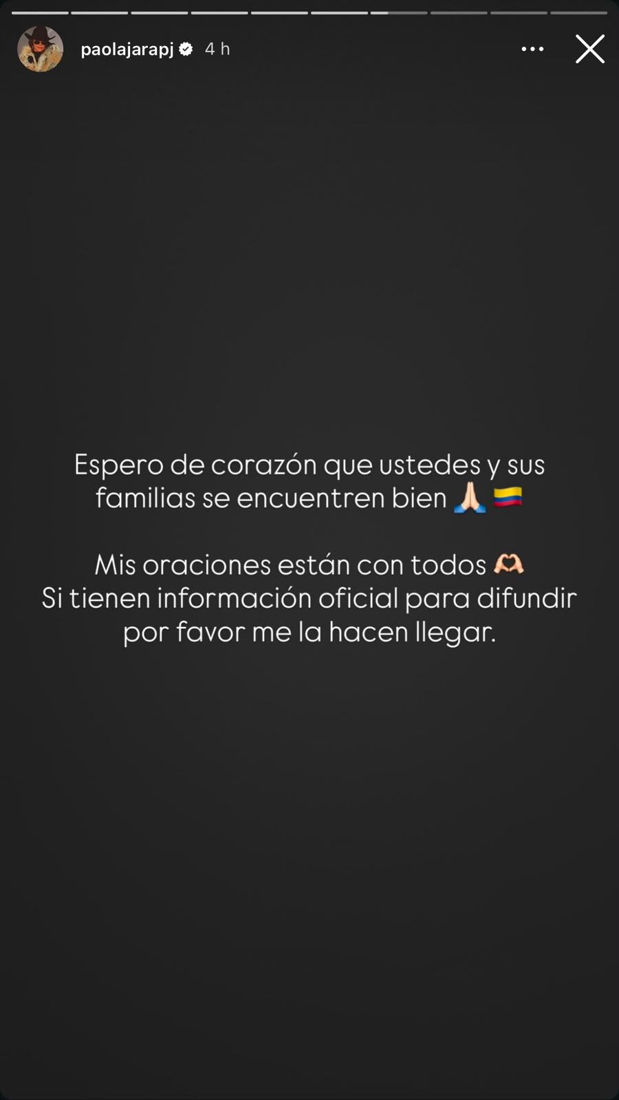 Mensaje por la cantante Paola Jara por el terremoto en Colombia, a través de su cuenta de Instagram