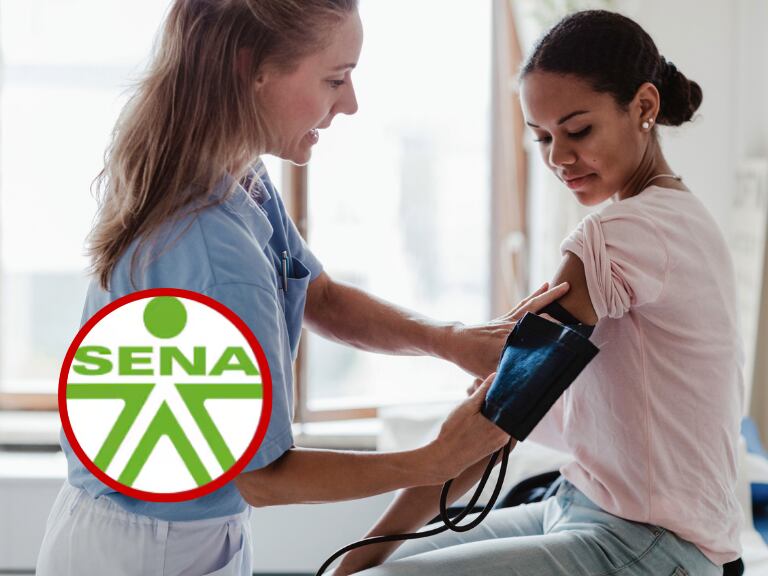 Cursos de Salud en el SENA // Logo SENA// imagen de referencia / Mujer atendiendo a otra // Getty Images