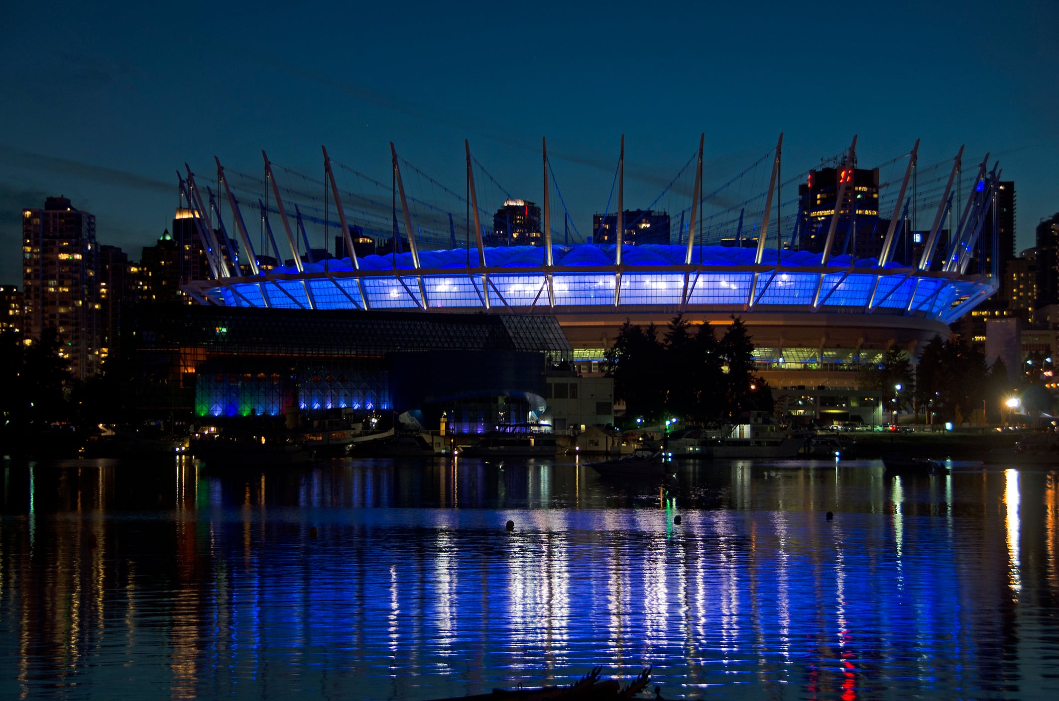 Vancouver skyline at night including BC Place stadium