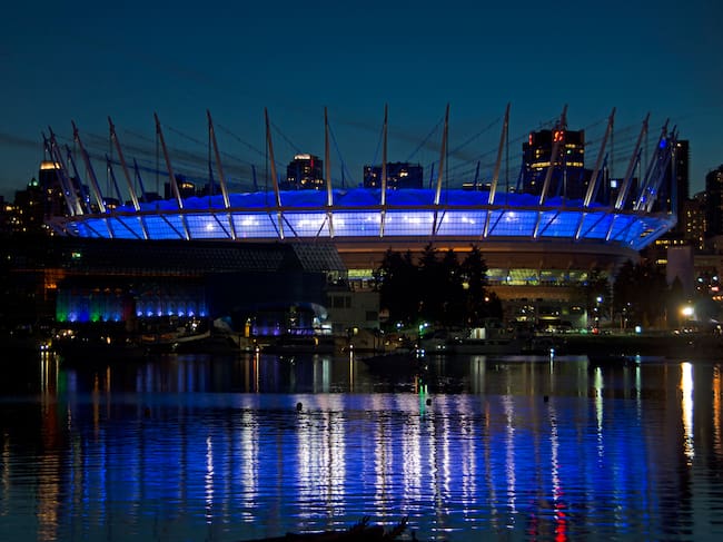 Vancouver skyline at night including BC Place stadium