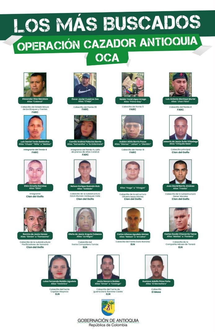 Lo más buscados en Antioquia, a través de la Operación Cazador. Foto: Cortesía Gobernación de Antioquia