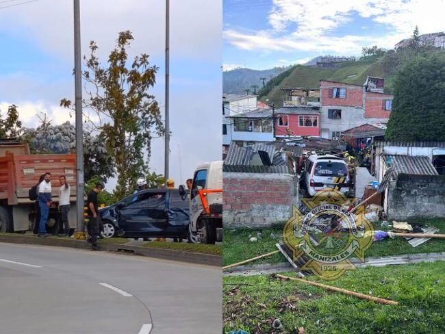 Choque entre un automóvil y una volqueta (izquierda) y el vehículo de servicio especial en el patio de una fundación (derecha). Foto: Cuerpo Oficial de Bomberos de Manizales.