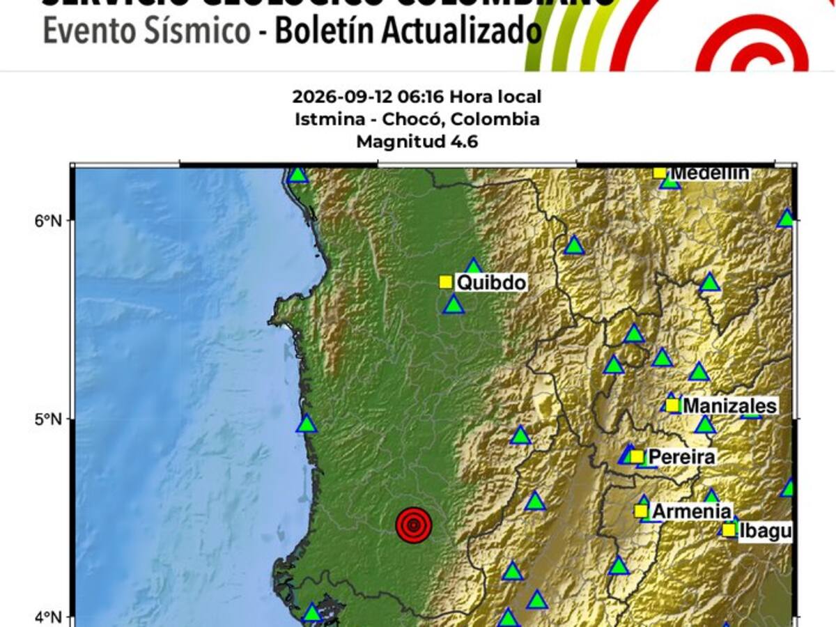 Temblor en Colombia HOY 12 de septiembre de magnitud 4.6: epicentro en Istmina, Chocó