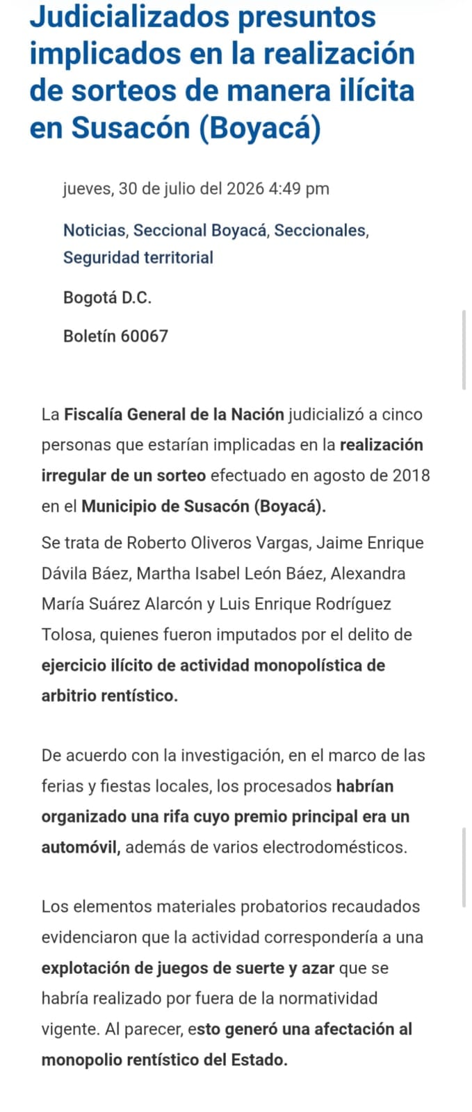 Comunicado de la Fiscalía General de la Nación.