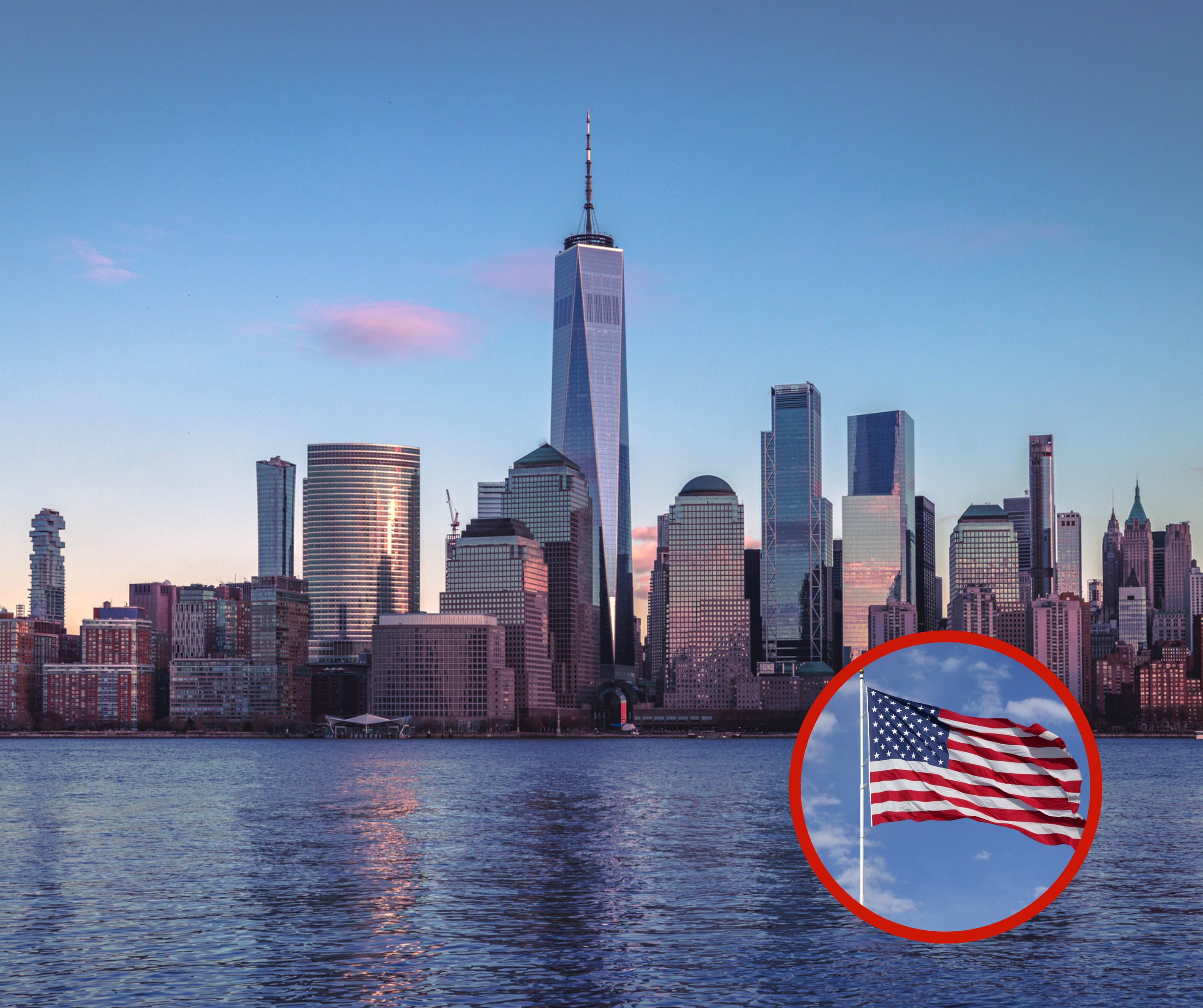 Imagen panorámica de Nueva York junto a una bandera de Estados Unidos (Getty Images)