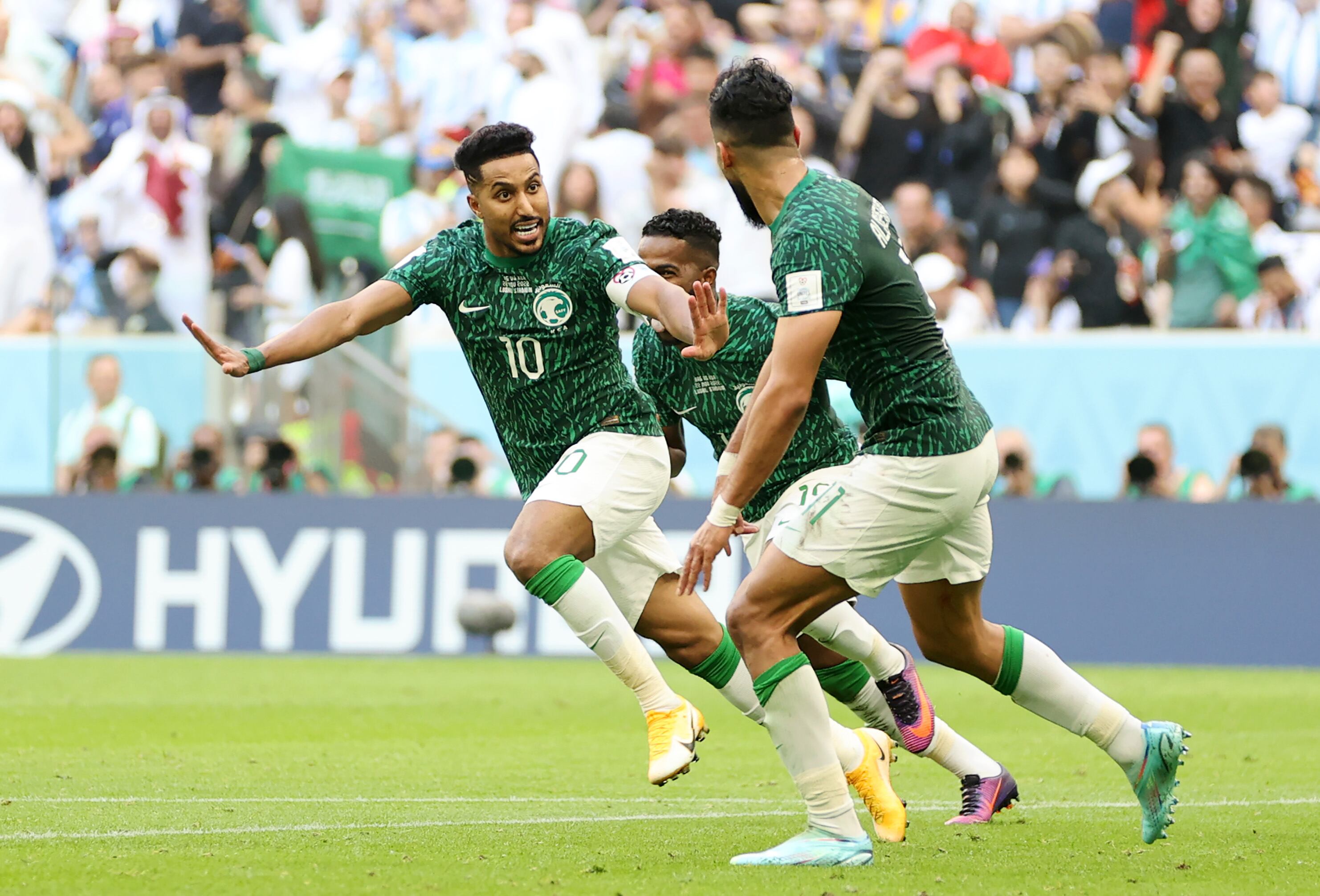 LUSAIL CITY, QATAR - NOVEMBER 22: Salem Al-Dawsari of Saudi Arabia celebrates after scoring their team's second goal during the FIFA World Cup Qatar 2022 Group C match between Argentina and Saudi Arabia at Lusail Stadium on November 22, 2022 in Lusail City, Qatar. (Photo by Clive Brunskill/Getty Images)