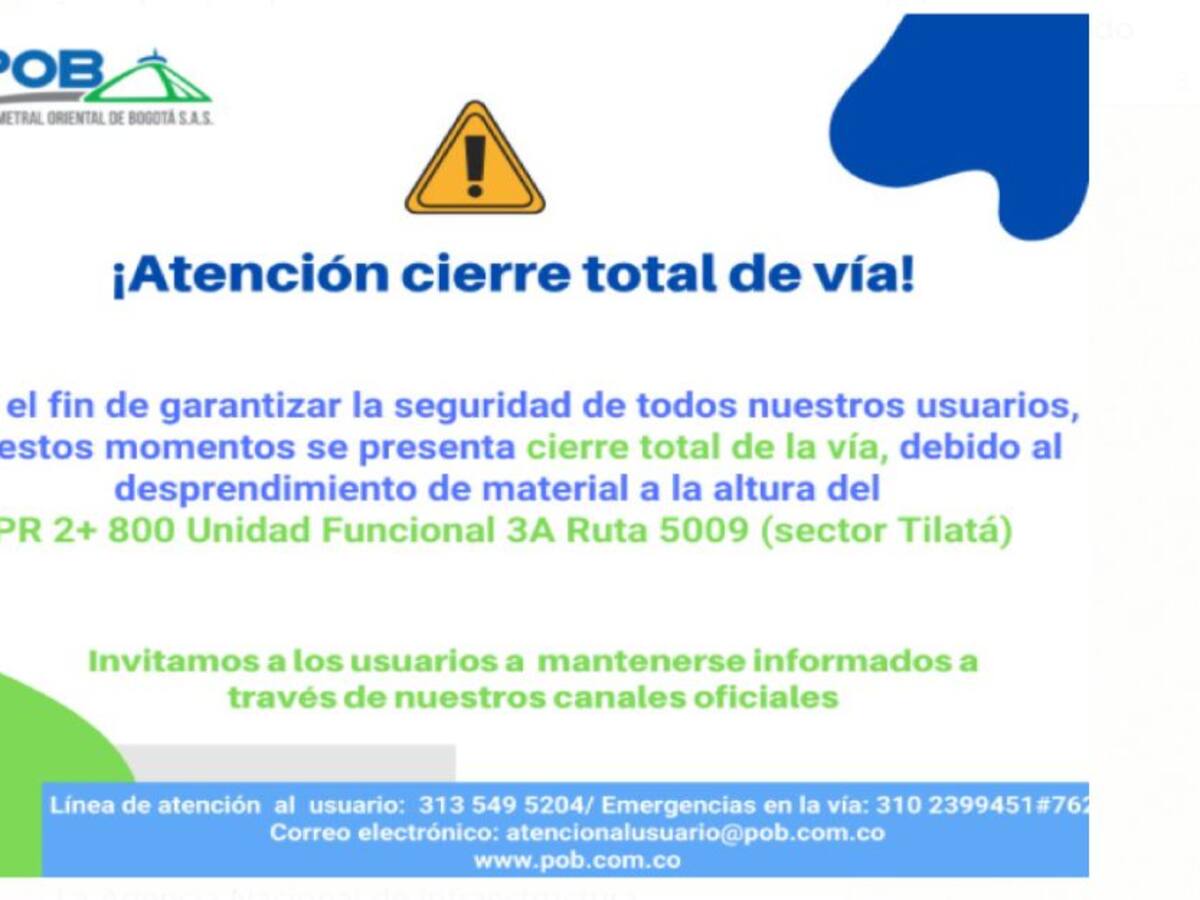 Cierre total de la vía La Calera por deslizamientos