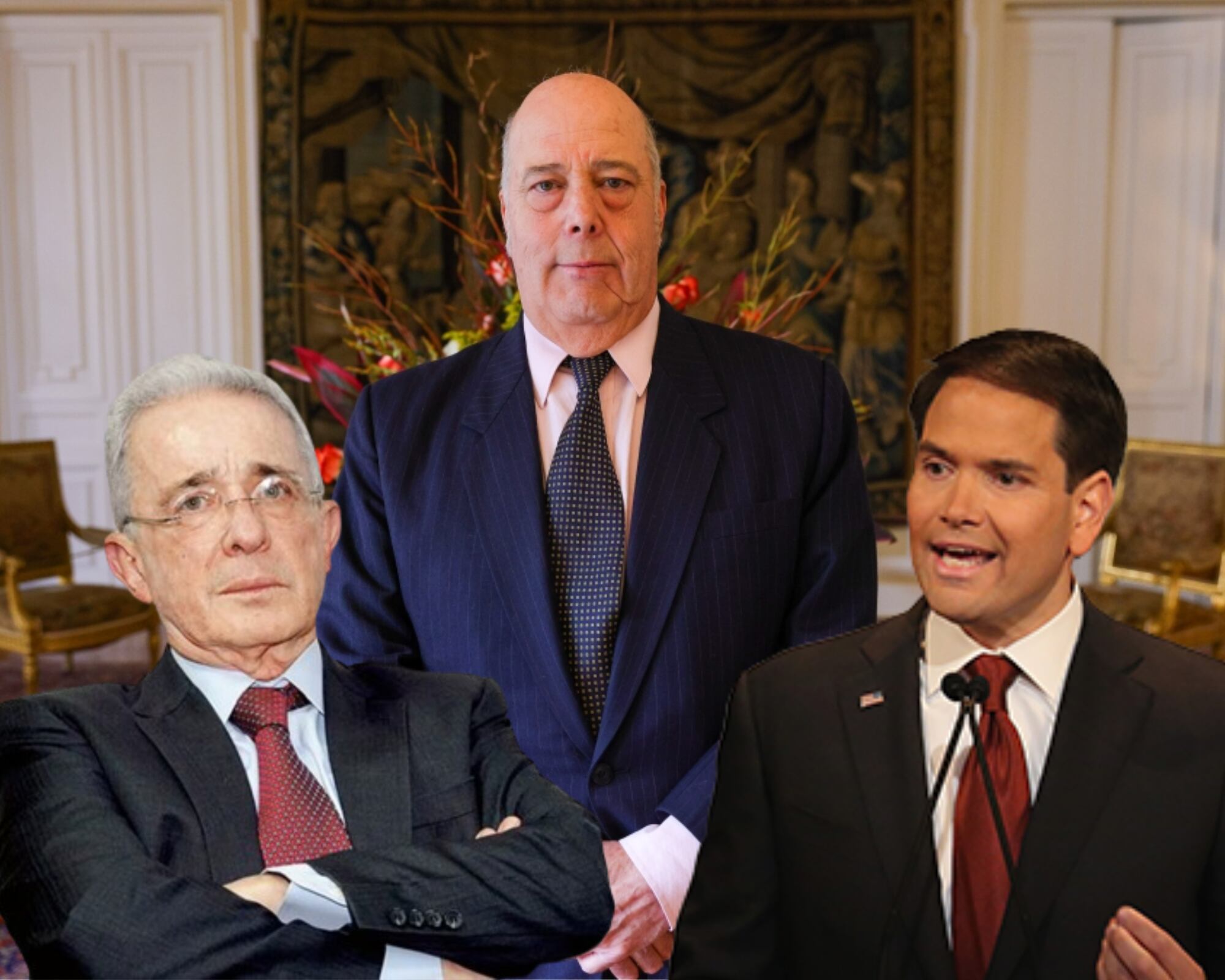 El Embajador Daniel García-Peña Jaramillo, el expresidente Álvaro Uribe y el secretario de Estado de Estados Unidos, Marco Rubio.
Foto: Caracol Radio / Getty / Cortesía cancillería