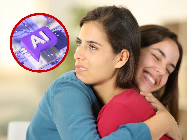 Mujer feliz abrazando a un falso amigo en casa // logo IA // Getty Images