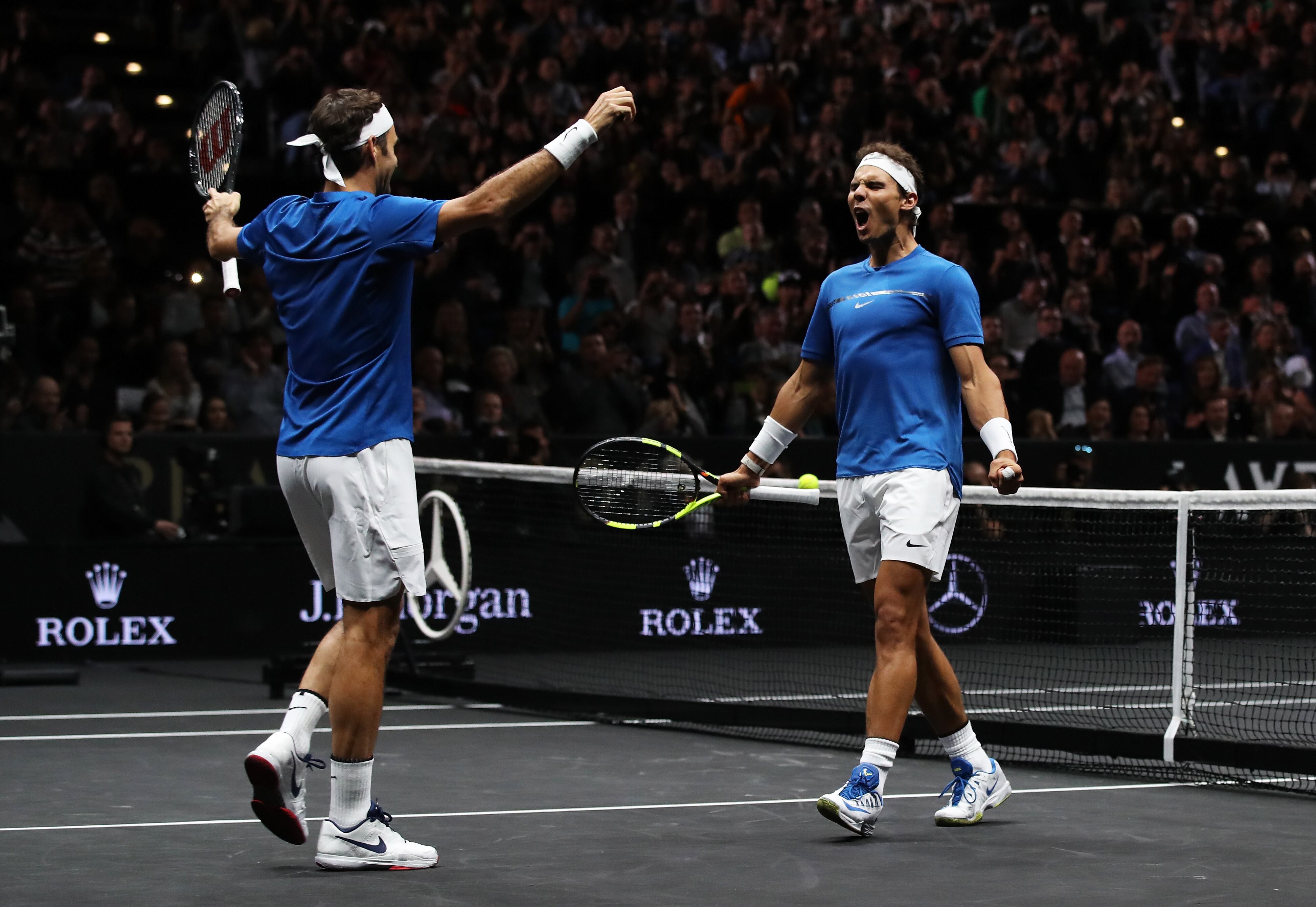 PRAGUE, CZECH REPUBLIC - SEPTEMBER 23:  Roger Federer and Rafael Nadal of Team Europe celebrate winning match point during there doubles match against Jack Sock and Sam Querrey of Team World on Day 2 of the Laver Cup on September 23, 2017 in Prague, Czech Republic. The Laver Cup consists of six European players competing against their counterparts from the rest of the World. Europe will be captained by Bjorn Borg and John McEnroe will captain the Rest of the World team. The event runs from 22-24 September.  (Photo by Julian Finney/Getty Images for Laver Cup)