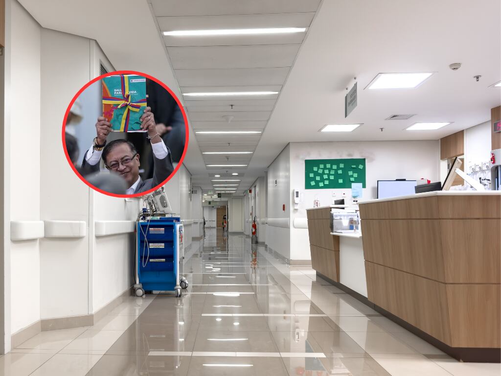 Pasillo de un hospital y de fondo el residente Petro con el documento presentado ante el congreso de la Reforma a la Salud (Fotos vía Getty Images y COLPRENSA)