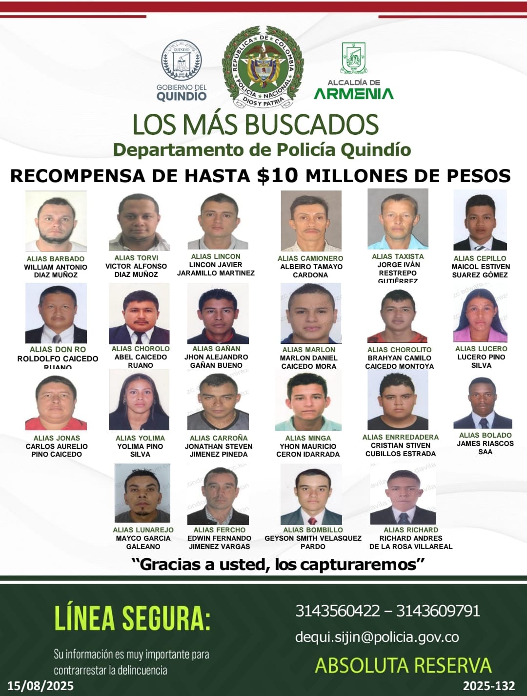 Cartel de los delincuentes más buscados del Quindío. Foto: Cortesía Policía Quindío