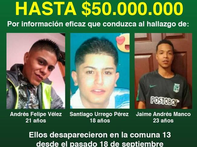 50 millones para quien informe sobre jóvenes desparecidos de la comuna 13