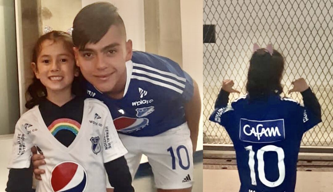 Daniel Ruíz posa junto a la pequeña Luciana, quien recibió la camiseta del volante de Millonarios.