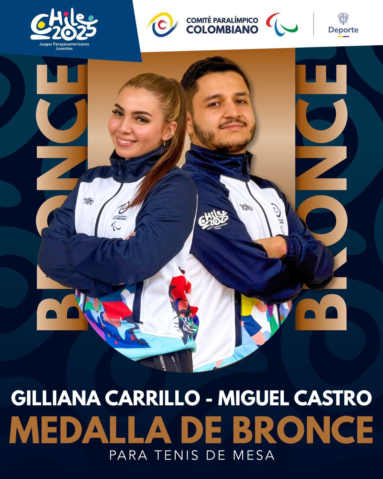 Representantes en dobles mixtos de la delegación colombiana en para tenis de mesa en los Juegos Parapanamericanos en Santiago de Chile 2025. Foto suministrada.