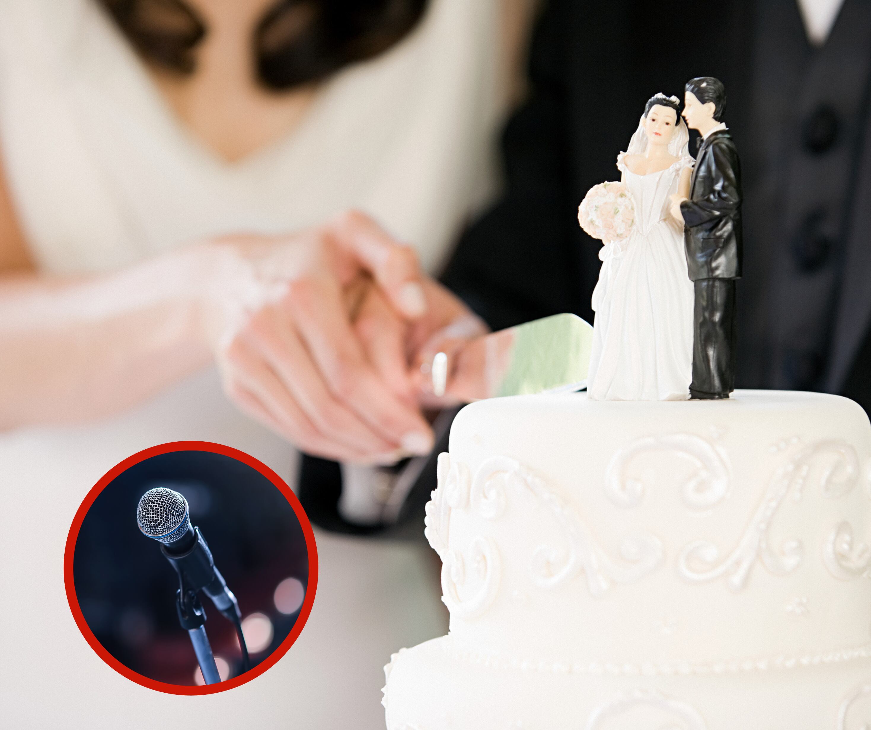 Recién casados partiendo el pastel de bodas, junto a un micrófono (Foto vía Getty Images)