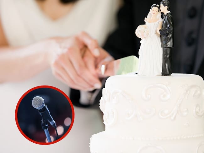 Recién casados partiendo el pastel de bodas, junto a un micrófono (Foto vía Getty Images)